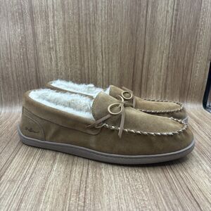 MY SLIPPERS Men's Size 14 Tan Suede Moccasin Faux Fur Lined Bedroom Shoes New